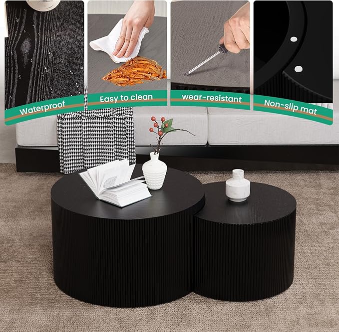 Round Nesting Coffee Table Set of 2 Handcraft Circle Fluted Nesting Coffee Tables Circular Side Table Drum Accent End Tables for Living Room Bedroom (Black Large)