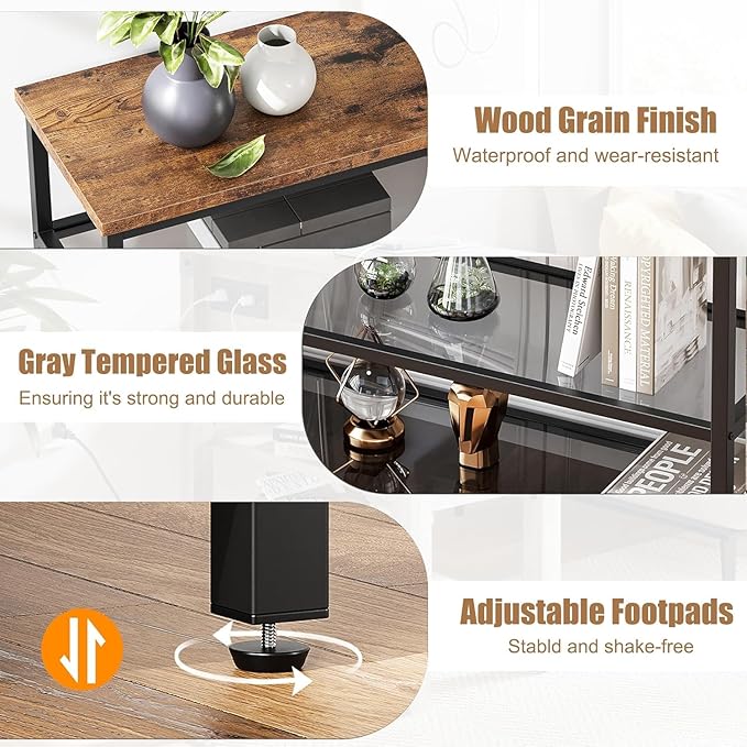 IDEALHOUSE 39.4" Console Table 4-Tier Narrow Entryway Table with Glass Storage Shelf and Metal Frame for Hallway, Living Room, Foyer, Bedroom, Corner Tables, Small Space Furniture, Rustic Brown