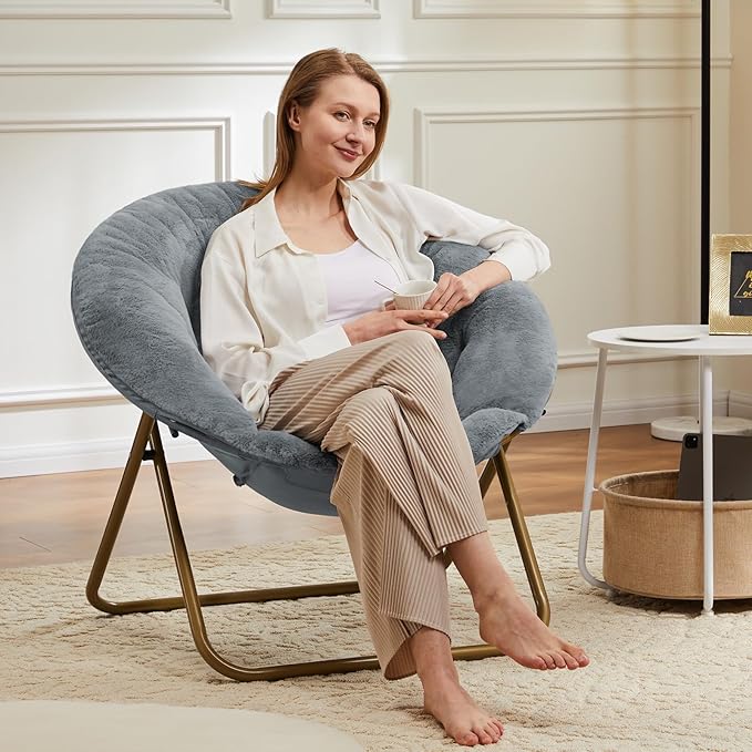 DUMOS Comfy Saucer Chairs Cozy Faux Fur Soft Lounge Cute Folding Bedroom Living Room Seat Flexible Reading Foldable Seating for Kids Adults Thick Padded Metal Frame Modern for Home Office Grey