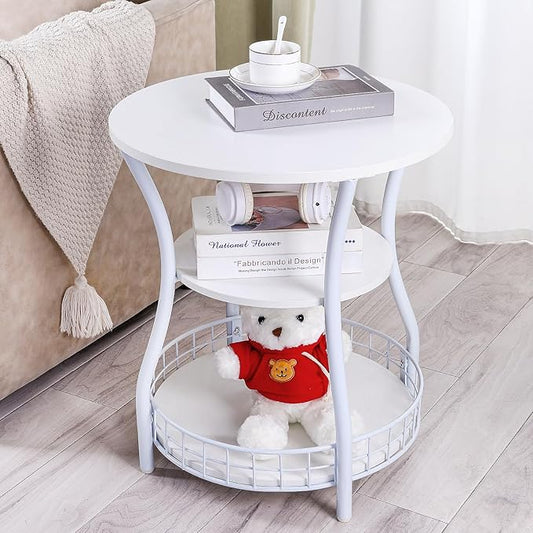 Round End Table, 3-Tier Side Table with Basket Storage,White Accent Corner Sofa Beside Table for Small Spaces,Steel Frame Nightstand for Living Room, Bedroom, Small Circle Coffee Table