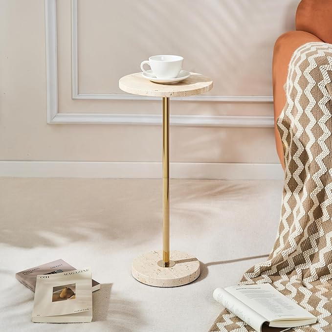 Premium Small Round Natural Marble Pedestal Side Table, End Table, Mini Drink Table with Upgraded Weighted Marble Base, for Livingroom, Bedroom, Bathroom, Balcony, Small Spaces (Beige Travertine)