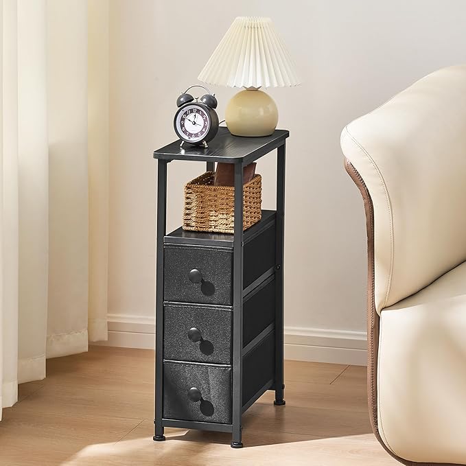 End Table, Narrow Side Table with 3 Fabric Drawers, Slim Nightstand, Small Bedside Table with Storage, Living Room, Bedroom, Black HKET1300BK