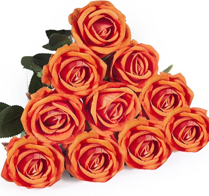 10 PCS Artificial Roses with Long Stems Silk Flowers Realistic Foam Flowers Fake Roses for Valentine's Day Autumn Fall Decor Halloween(Orange)