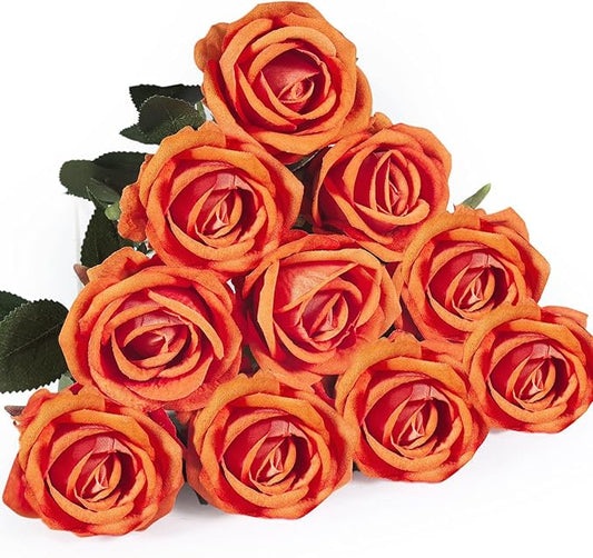 10 PCS Artificial Roses with Long Stems Silk Flowers Realistic Foam Flowers Fake Roses for Valentine's Day Autumn Fall Decor Halloween(Orange)