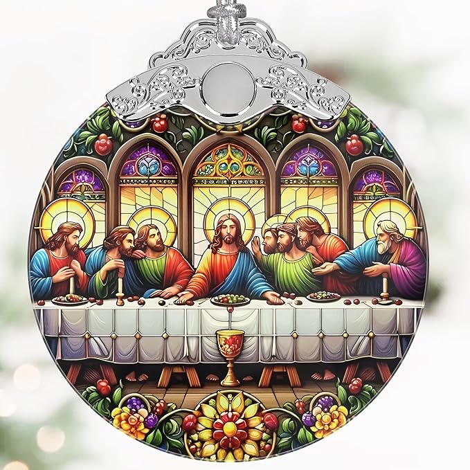 Last Supper Christmas Ornaments, 3" Stained Glass Christmas Decor, Christmas Tree Ornaments, Christmas Tree Decorations, Gift for Religious Believers, Perfect for Holiday Party, Tree, Home Decor