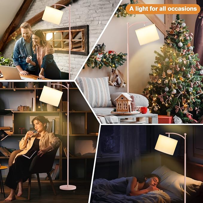 60" Floor Lamps for Living Room with 3 Color Temperatures, Adjustable White Shade with Pink Pole, Tall Lamps for Living Room Bedroom Office Classroom Dorm Room, 9W Bulb Included