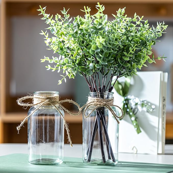 14" Artificial Eucalyptus Stems in Glass Vase, Fake Plants Faux Eucalyptus Branches Greenery Stems for Home Decor Farmhouse Wedding Table Decoration (2)