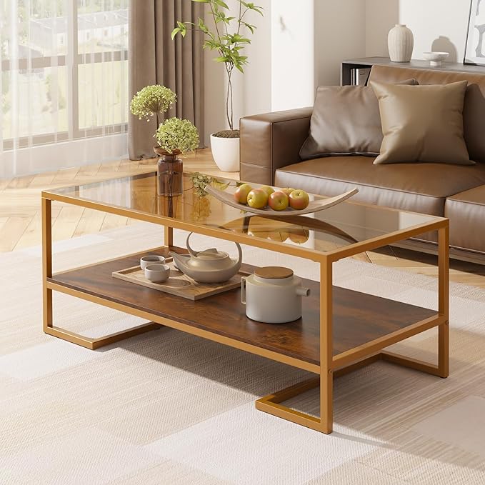 Coffee Table, 2 Tier Tempered Glass Coffee Table, Rectangle Modern Center Table with Metal Frame, Glass Accent Table Open Storage Shelf for Living Room, Office, Brown
