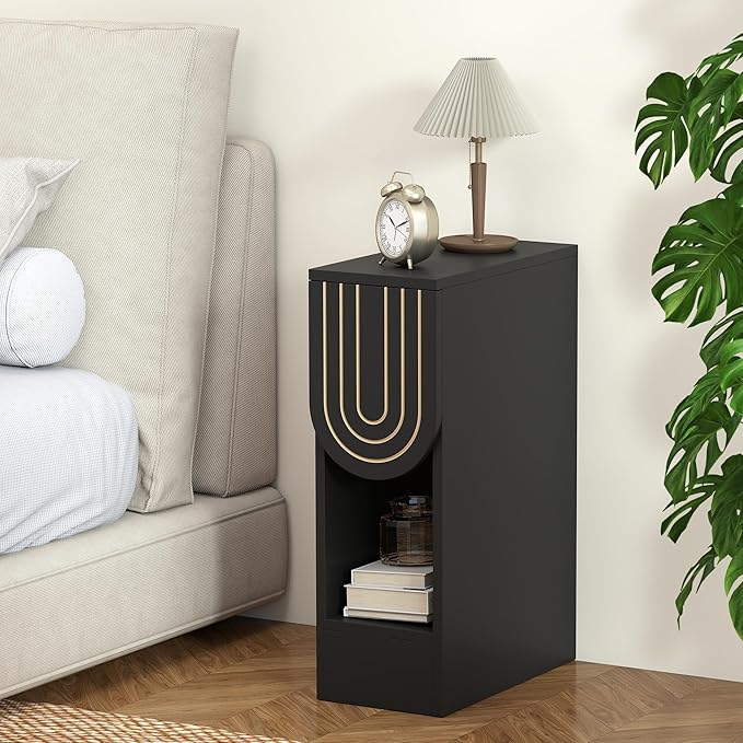 Narrow Nightstands Set of 2, Black Bedside Table with Carved Drawer and Storage Shelf, Mid-Century Modern Slim Side End Table for Bedroom Compact Space, Wooden Small Night Stand (2, Black)