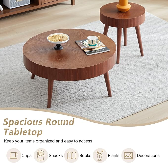 AVZEAR Nesting Round Coffee Table Set of 2, Mid Century Modern Coffee Table, Natural Wood Nesting Tables Walnut Side Table and Farmhouse End Table Set for Living Room Bedroom, Cafe, Office(Walnut)