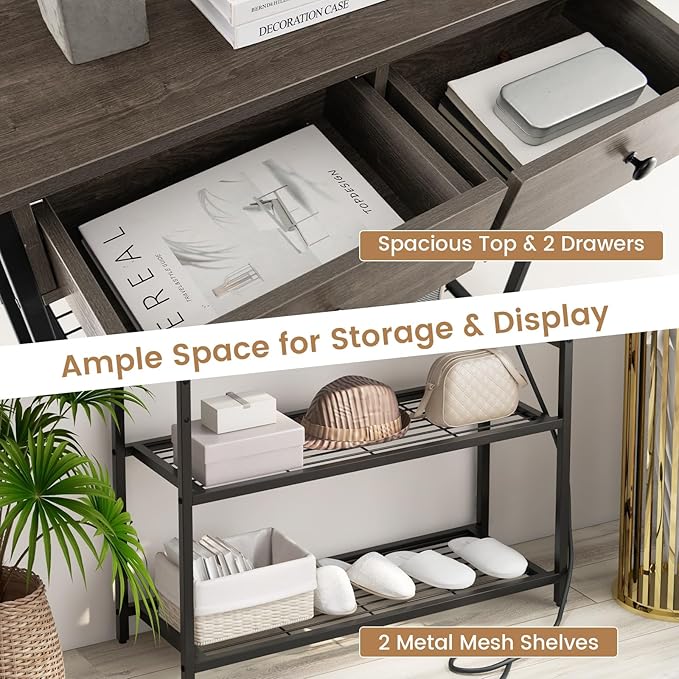 GOFLAME Console Table with Power Outlet, Narrow Entry Table with Drawers, 2 AC Outlets & 2 USB Ports, Sofa Table for Living Room Behind Couch, Living Room, Foyer, Grey Oak