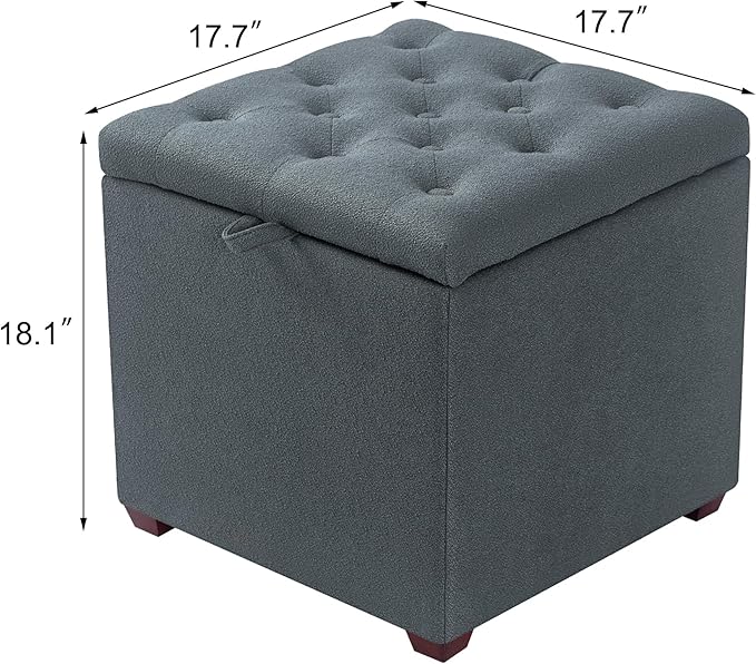 Adeco 18" Grey Square Storage Ottoman with Tray, Small Cube Ottoman Coffee Table with Decorative Fashion Paris Nails, Dorm Room, Bedroom, or Living Room