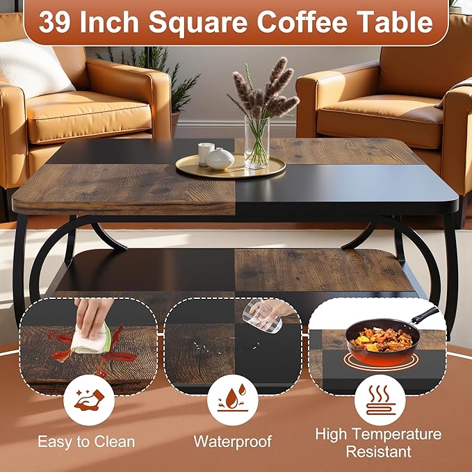 2-Tier Coffee Table with Storage Shelf, 39" Small Square Coffee Table Modern Wooden and Metal Accent Center Sofa Side Tables for Living Room, Brown & Black