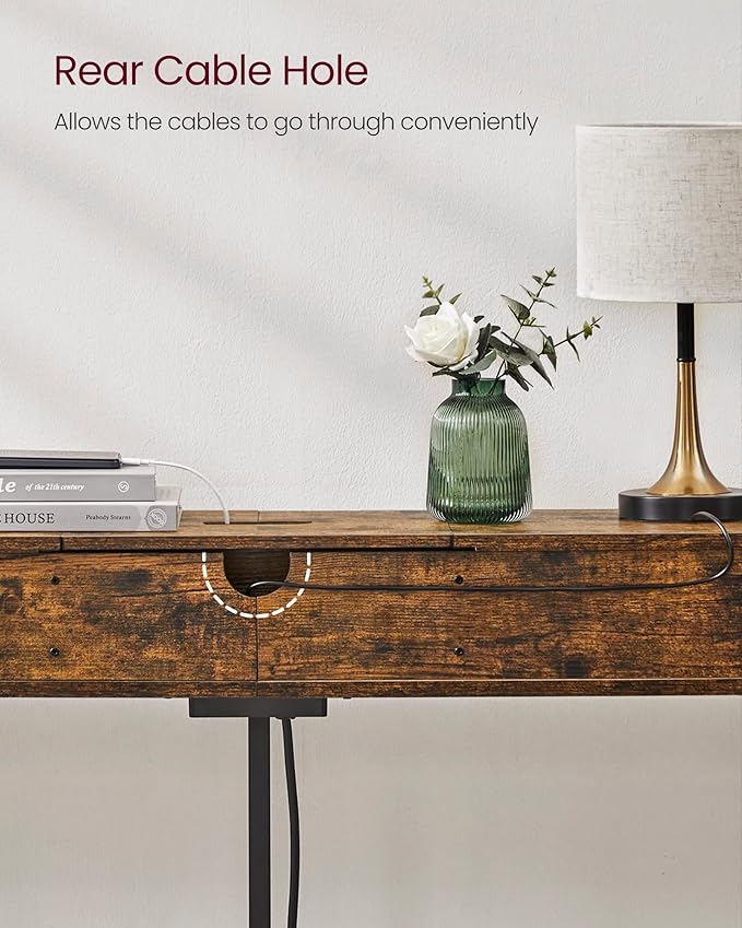 VASAGLE 70.9-Inch Console Table with Outlet and Shelves, Sofa Table with Charging Station, Behind Couch Table Skinny, Entryway Table for Hallway, Living Room, Rustic Brown and Ink Black ULNT118B01