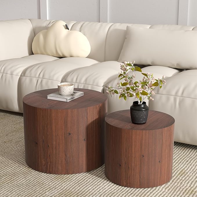 Nesting Coffee Table Set of 2, Round Walnut Wooden Coffee Tables Modern Circle End Table Side Tables for Small Spaces Living Room, Bedroom, Balcony, Office