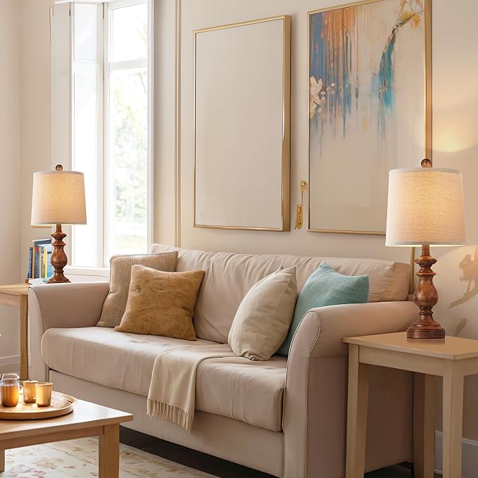 PARTPHONER Traditional Table Lamp Set of 2, Rustic Farmhouse Table Lamps for Living Room Bedroom, 22" Bedside Desk Lamps Vintage Nightstand Lamps with Linen Shades, Wood Grain