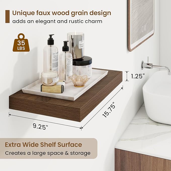 16in Floating Shelves for Wall, 16"W x 9.25"D x 1.25"H, 2 Pack Long Wall Mounted Engineered Wood Shelves with Invisible Brackets for Living Room, Bedroom, Bathroom, Kitchen Decor and Storage, Walnut