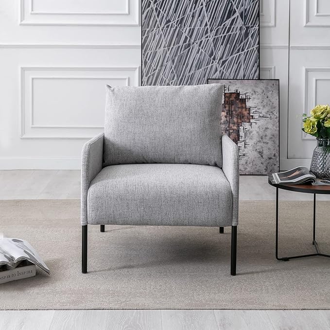 Linen Fabric Living Room Accent Chairs Bedroom Single Sofa Chair, Upholstered Reading Arm Chair Modern Couch w/Comfy Pillow for Waiting Room/Apartment/Dorm, Grey