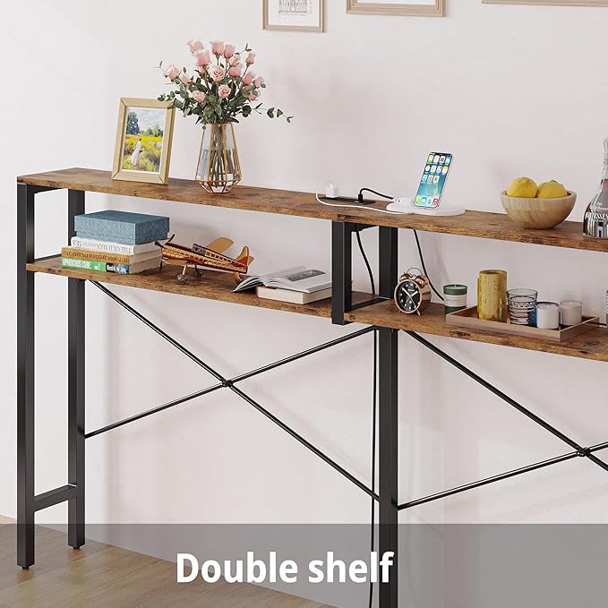 IRONCK Console Table with Power Outlet, Long Sofa Table with Shelves and X-Shaped Design, Narrow Sofa Entryway Behind Couch Table for Living Room and Hallway, Vintage Brown