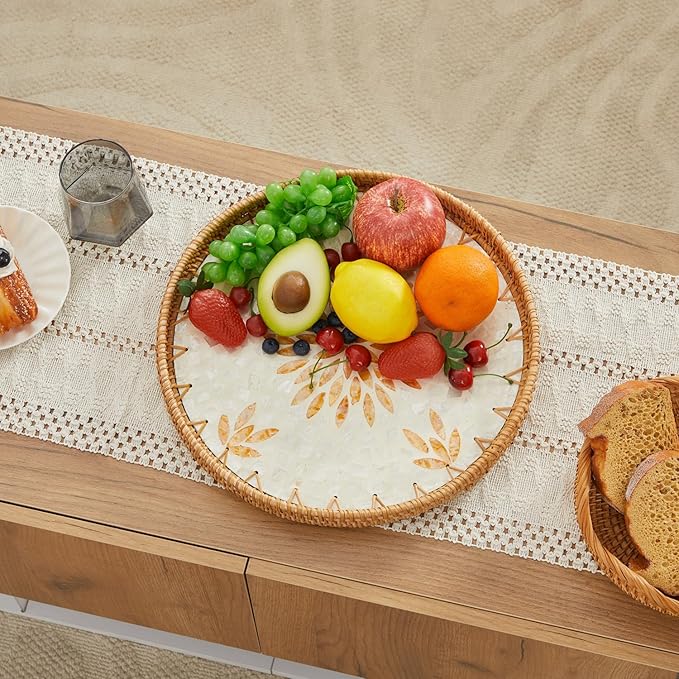 Shellac Rattan Tray with Mother of Pearl Inlay, Round Decorative Serving Tray for Home Décor Coffee Table Storage and Display, 100% Natural Materials - Orange 13.5"