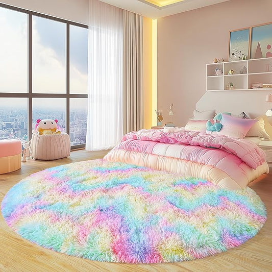 Round Fluffy Rugs 6Ft for Girls Bedroom, Rainbow Shag Circle Kids Rug Non-Slip for Bedside Dorm Nursery Playroom, Soft Cute Area Rugs for Living Room Decor