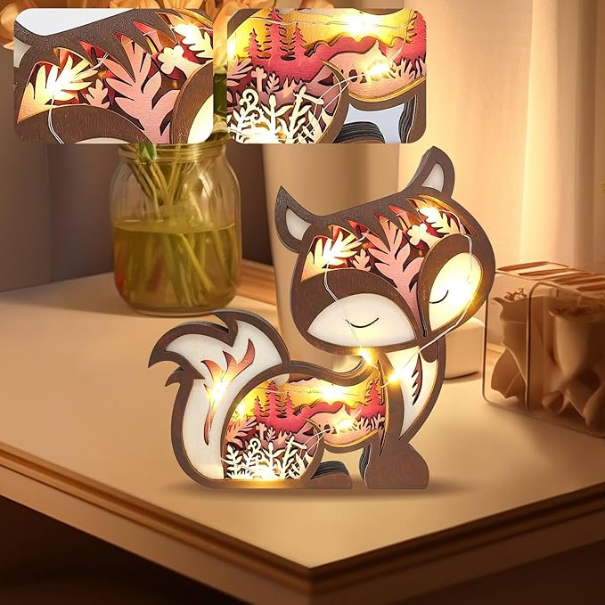 Drawelry 3D Wooden Carving Animals Lamp - Creative Fox Squirrel Wood Carved LED Night Light Garden Yard Wooden Animals Sculpture Ornaments Desktop Home Decor Birthday Gifts for Family Friend (Fox)