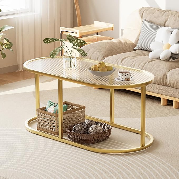 Coffee Table Gold Glass Coffee Table for Living Room, Oval Table Center Table with Ribbed Glass Top and Sturdy Metal Frame,Modern Glass Accent Tables for Bedroom Home Office