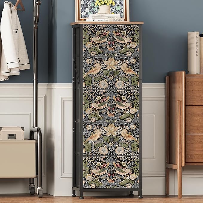 Dresser with 5 Fabric Drawers Strawberry Thief Drawer Dresser for Bedroom Vintage Nightstand Dressers & Chests of Drawer for Halfway Entryway Living Room Sturdy Steel Frame Wood Top, Brown