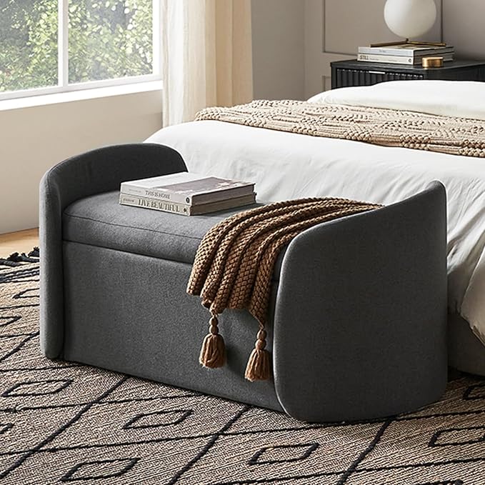 mopio Sophie 51" Ottoman Storage Bench, Entryway and Window Seating, End of Bed Curved Stool for King & Queen Bed, Storage Chest for Bedroom (Dark Gray Fabric)