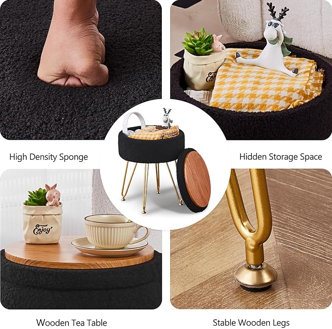 Wimarsbon Storage Ottoman,Teddy Velvet Vanity Stool,Soft Padded Seat,Round Footrest with Removable Cover and Adjustable Legs,Modern Decorative Accent Footstool or End Table for Hallway (Black)
