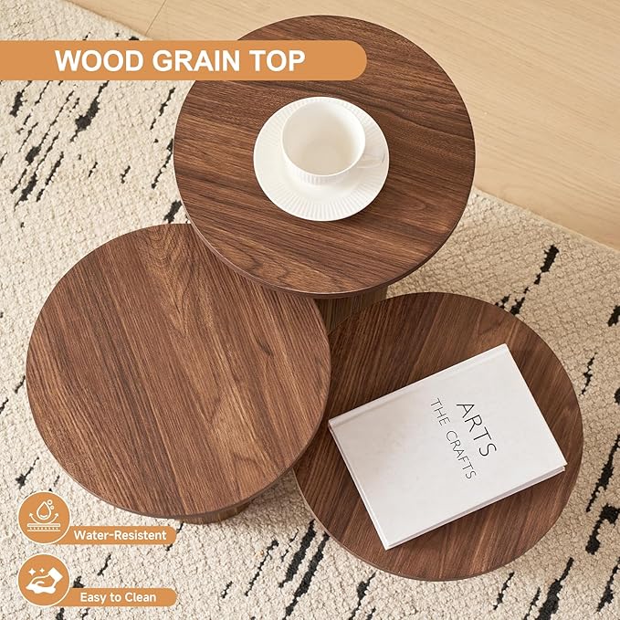 3-Piece Nesting Coffee Table Set, Modern Small Round Wood Side Tables, Fluted Drum Base, for Living Room Bedroom Apartment Small Space, Brown