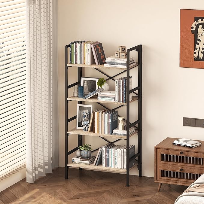 Folding Bookshelf,4 Tier Bookcase Foldable Shelf with X-Bracket Design, Adjustable Feet, Space Saving Storage for Living Room, Office, Brownish