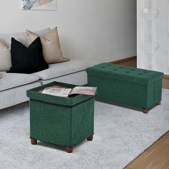 15 Inches Storage Ottoman with Wooden Legs, Cube Foot Rest Stool/Square Footstool Storage for Living Room, Foldable Fabric Ottoman, Comfortable Seat with Lid, Space-Saving Green