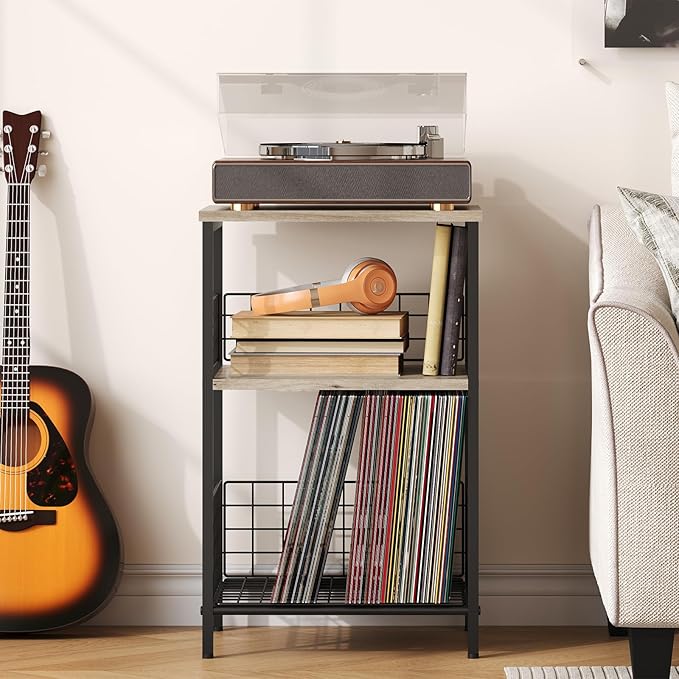 X-cosrack Side Table, Small End Table Record Player Stand with Storage, Vinyl Record Storage Night Stand for Living Room, Bedroom,Office(Patent Pending)(Greige & Black)