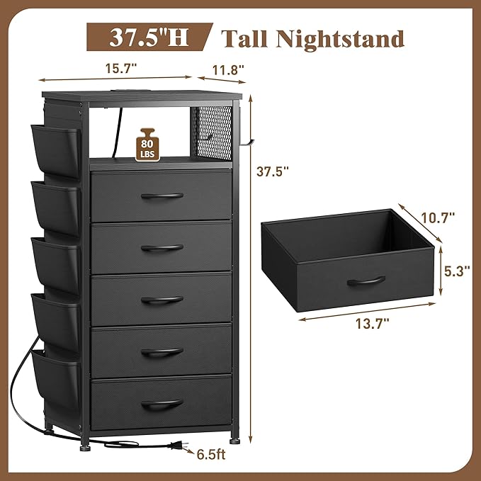 EnHomee Tall Night Stand Set 2 with 5 Drawers, LED Nightstand with Ports & Outlets, Bedside Table with Extra Side Bag & Storage Shelf & Hooks, Bedroom, Dorm, Closet
