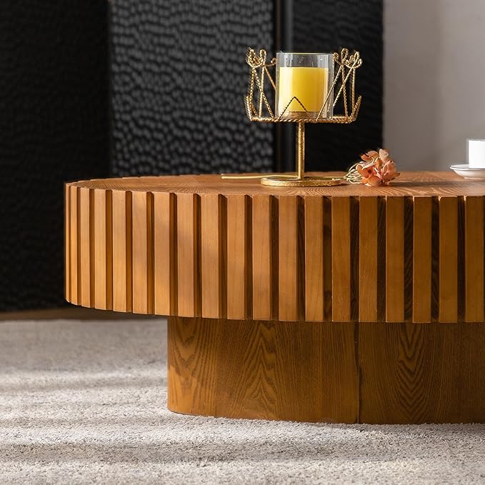 39.37 Inch Round Drum Coffee Table, Modern Handcraft Fluted Drum Coffee Table, Wooden Round Coffee Table Center Table with Sturdy Pedestal for Living Room Apartment (Wood Color)