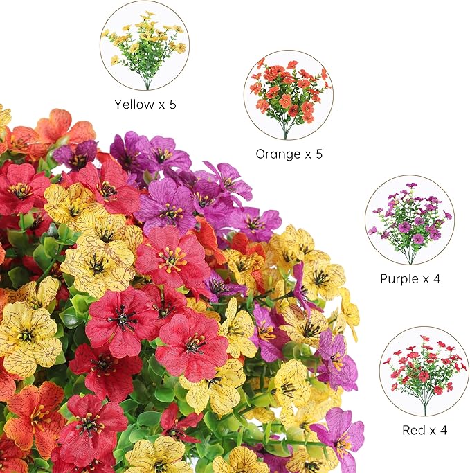 12 Bundles Artificial Flowers for Outdoor Indoor Summer Spring Flowers Home Decoration,Fake Silk Colorful Flower for Outside,Faux Daisy Plastic Flowers Plant,UV Resistant for Garden Porch Patio Decor