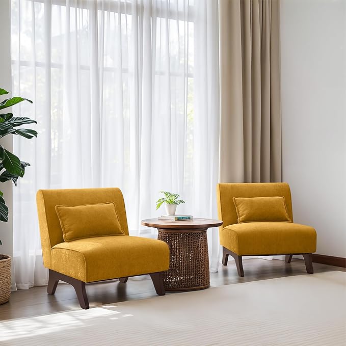 Set of 2 Upholstered Armless Accent Chair,Modern Comfy Living Room Chairs with Wooden Legs& Pillows,Lounge Sofa Side Chair for Bedroom Farmhouse Reading (Yellow, 2 PCS)