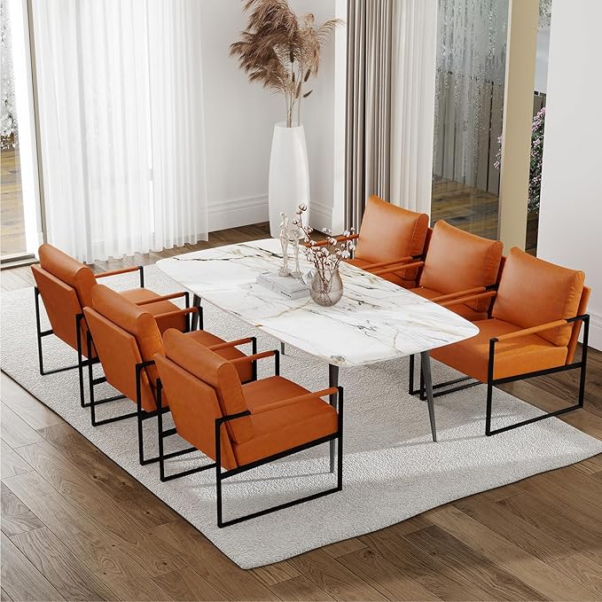 CANMOV Modern Accent Chair Set of 6, PU Leather Armchair with Metal Frame,Comfy Single Reading Chair with Soft Padded Backrest and Cushion for Living Room, Bedroom,Reading Room,Office,Brown