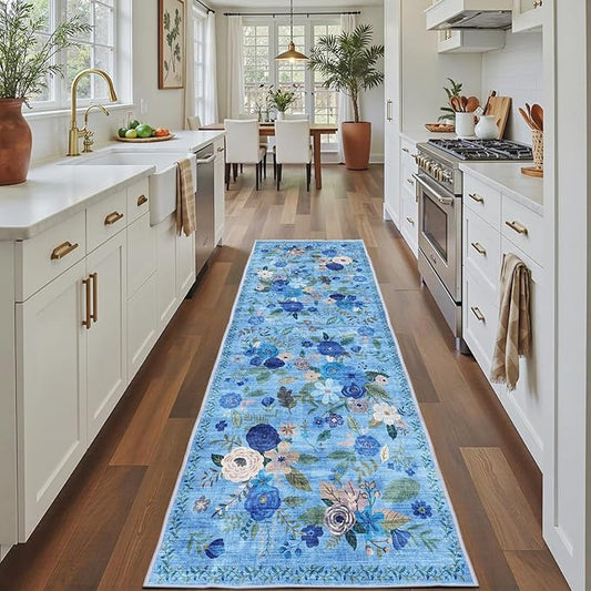 Rug for Hallways Kitchen Rug 2x8, Non Slip Washable Rugs with Rubber Backing Soft Floral Carpet Runner for Hallways, Kitchen, Laundry, Bedroom, Bathroom (2 x 8, Blue Lawn)