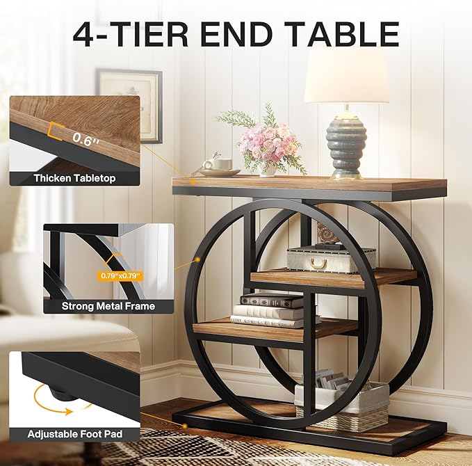 Tribesigns End Table for Living Room, 4-Tier Narrow Side Table with Storage Shelves, Industrial Bedside Table for Bedroom, Wood Small Sofa Side Table with Geometric Metal Frame (1 PC, Natural Brown)