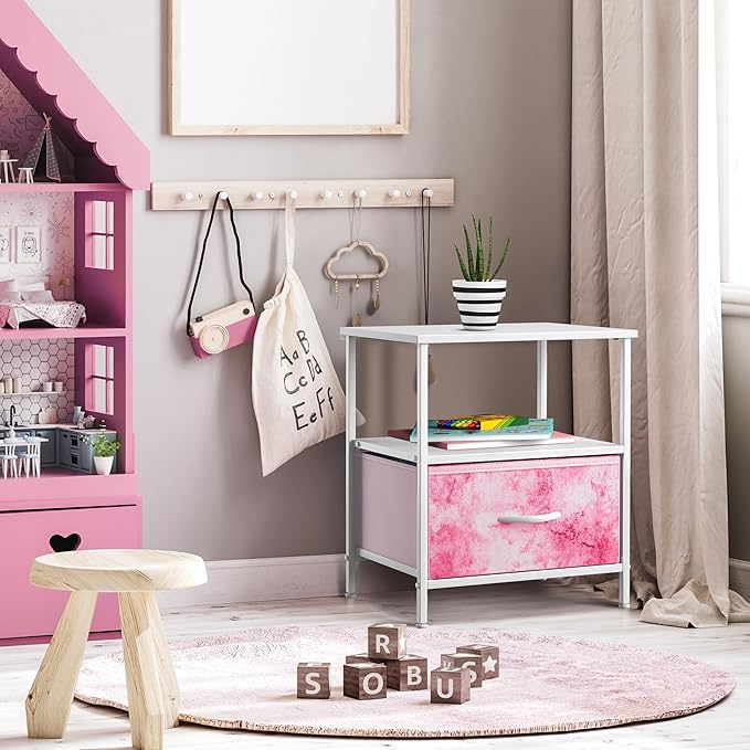 Sorbus 1 Drawer Shelf Storage Nightstand - Kids Bedside Furniture End Table Night Stand with Steel Frame Wood Top & Easy Pull Fabric Bins. Dresser & Chest for Home Bedroom Accessories Office & College