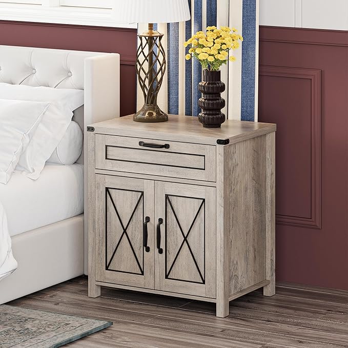 Maupvit End Table, Farmhouse End Table Narrow Side Table for Living Room, Sofa Side Table with Drawer and Storage Cabinet, Small Nightstand for Bedroom(2 Retro-Grey)