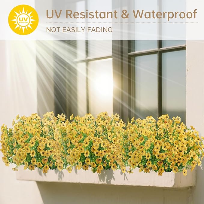 12 Bundles Artificial Flowers for Outdoors Indoor Fall Flowers Home Decoration, Fake Mums Silk Yellow Flower Plant for Outside, Realistic Plastic Flower UV Resistant Faux Mums for Garden Autumn Decor