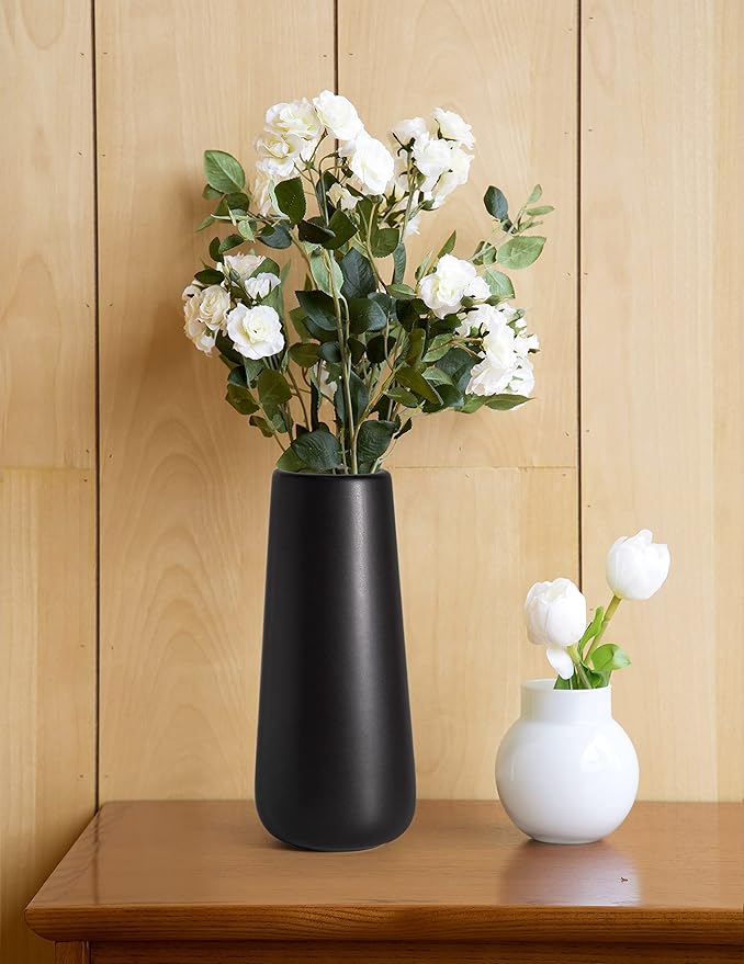 D'vine Dev 11 Inch Ceramic Flower Vase Matte Finishing, Minimalist Design for Home Décor, Bedroom, Living Room, Centerpieces, Office, Ebony Black, VS-XH-E-2