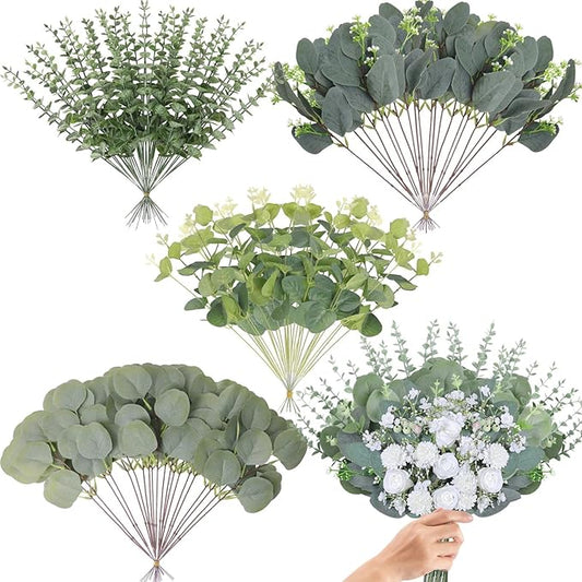 100 Pcs 4 Kinds Mixed Eucalyptus Stems Bulk, Artificial Silver Dollar Eucalyptus Leaves Bundle Faux Greenery Branches for Wedding Centerpiece Vase Bouquet Floral Arrangement Home Decor