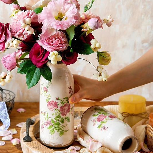 Vintage Rose-Flower Small Ceramic Vase Set, Retro Rustic Cute Flora Vase Gift, Art Décor for Your Home, Kitchen, Bedroom, Office, Living Room, Bathroom & Shelf Centerpiece Table Decorations