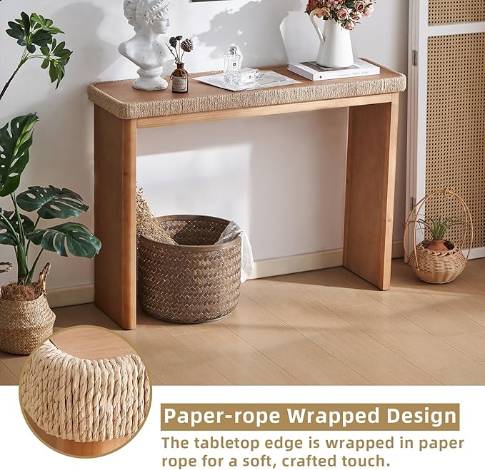 43" Wood Console Table for Entryway, Farmhouse Narrow Entry Tables with Rattan Decor, Boho Skinny Couch Table Behind Sofa for Living Room, Hallway, Foyer, Natural
