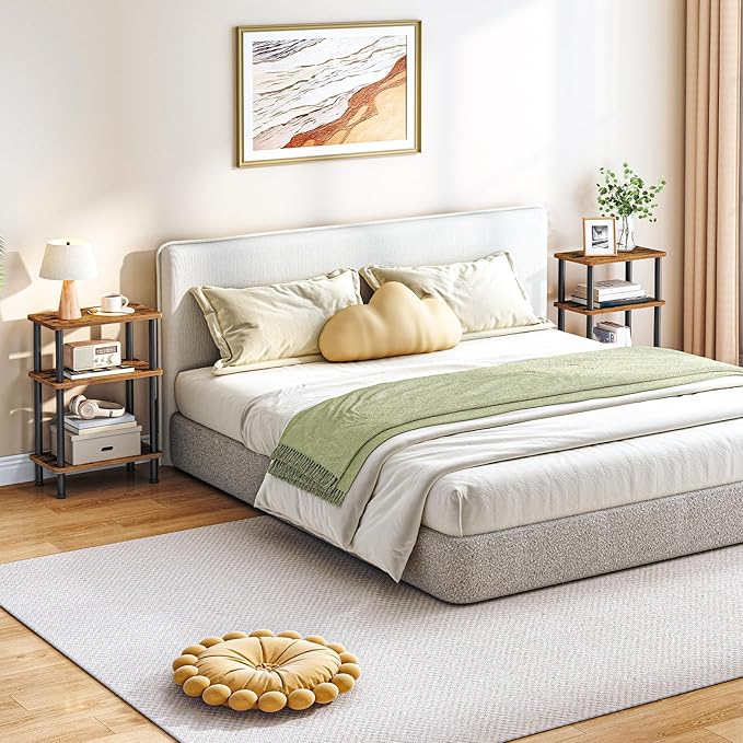 HOOBRO Narrow Side Table, 3-Tier Slim End Table No Tools Needed, Twist-On Assembly, Skinny Nightstand Sofa Storage Shelf for Living Room, Bedroom, Study, Rustic Brown and Black BF246BZ01N1