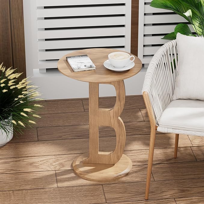 Aoligrace Round Side Table, Modern End Table with Letter B Leg, Wooden Accent Table for Couch Small Coffee Tables Nightstand for Small Spaces Living Room Bedroom